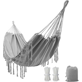 Гамак Boho для двох, до 204 кг, з чохлом, для саду, патіо, двору, кімнати, сірий
