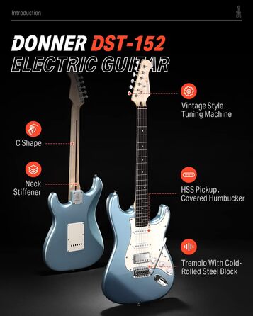 Електрогітара Donner DST-152R HSS Set: Початковий набір з підсилювачем, чохлом та аксесуарами (Металік, Світло-блакитний)