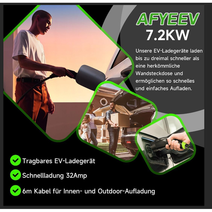 Кабель для зарядки електромобіля Type 2 CEE 6м (7.2kW, 6-32A, 1 фаза) + Schuko, регульований струм
