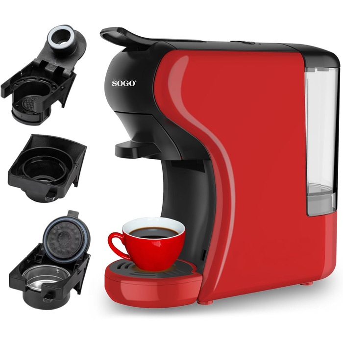 SOGO 3-in-1 Espresso Coffee Machine | Adapter for Capsules of Leading Brands | Ground Coffee, Coffee Pads, Tea | 19 Bar Pressure | Compact Size (SS-5675) (red)