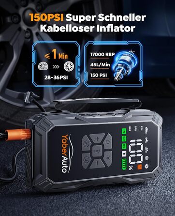 Powerbank для авто YaberAuto з компресором, 6000A, 23800mAh, 150PSI, Jump Starter (для бензинових та 10.0L дизельних двигунів), LCD дисплей, 500 люмен, аварійне світло