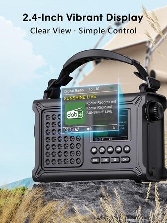 ROCAM Радіоприймач на ручку DAB+/UKW, портативне аварійне радіо з сонячною панеллю 8500 мм² та ручкою 650 мА, цифрове радіо з Bluetooth, 2.4' кольоровий дисплей, 80 станцій, SOS, LED ліхтарик, USB, IPX6 для кемпінгу, чорний