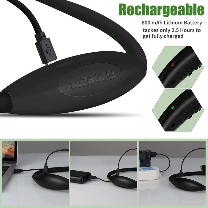 LED-лампа для читання LEDBOKLI з кріпленням на книгу, акумуляторна, 800mAh, 3 режими яскравості, гнучка шийка, 28 см, чорна
