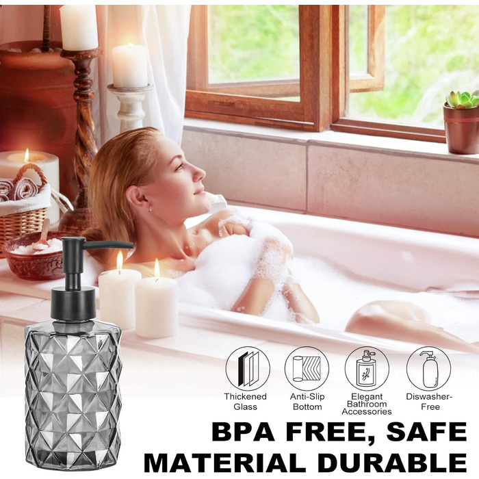 Дозатор мила чорний, скляний дозатор для ванної кімнати, наповнюваний дозатор з нержавіючою сталею, 2 підставки, 330 мл, вінтажний дизайн