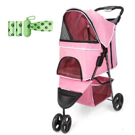 Дитяча коляска для тварин, складана, для котів/собак, з кошиком для зберігання та тримачем для напоїв, 3 колеса, для маленьких та середніх собак, котів, цуценят (Рожева)