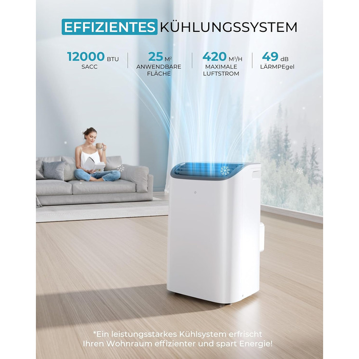 Мобільний кондиціонер 9000 BTU з вихідним шлангом | 4-в-1 | Тиха робота <48 dB | Digital display + пульт | Комплект для встановлення у вікно | Таймер 24h | Для приміщень до 25 м² (12000 BTU)