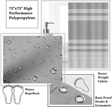 Набір аксесуарів для ванної кімнати Britimes, сірий: душова завіса, відро, дозатор мила, тримач для туалетного йоржика, тримач для зубних щіток та стаканчик для зубних щіток