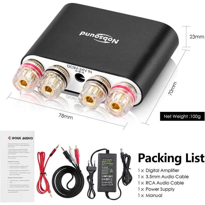 Nobsound NS-10G PRO стерео підсилювач Hi-Fi DSP 2x100Вт, Bluetooth 5.0, 2-канальний міні аудіо підсилювач для домашніх колонок, цифровий, чорний, з блоком живлення