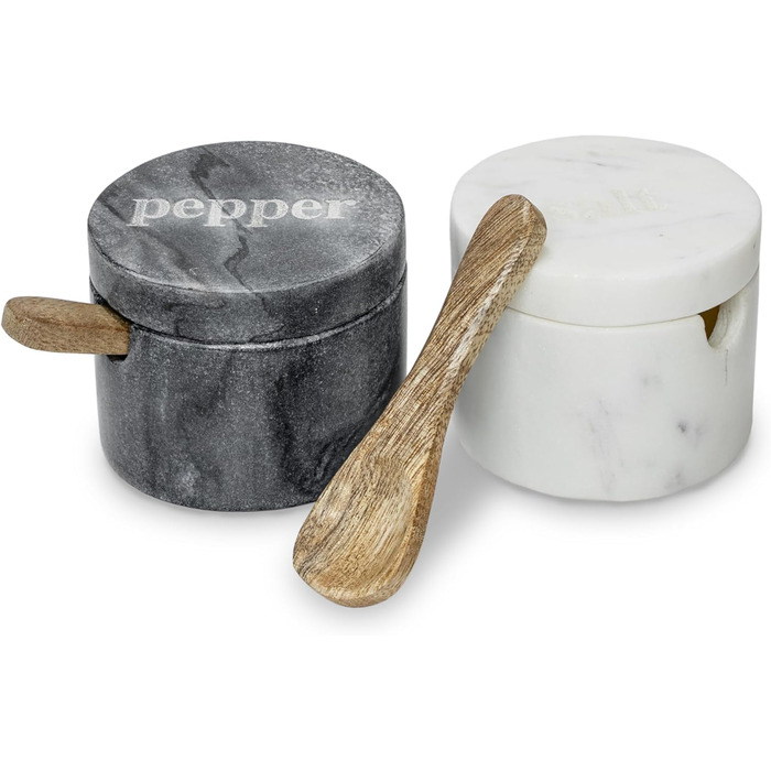 Birsppy Fair Trade Kitchen Utensils Salt and Pepper Shaker Set Marble with Spoon and Lid Salt Pot Stone