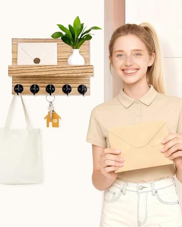 Дерев'яне ключниця з полицею на стіну, декоративне настінне кріплення для ключів, 5 гачків, для прихожої, спальні, вітальні (колір дерева)