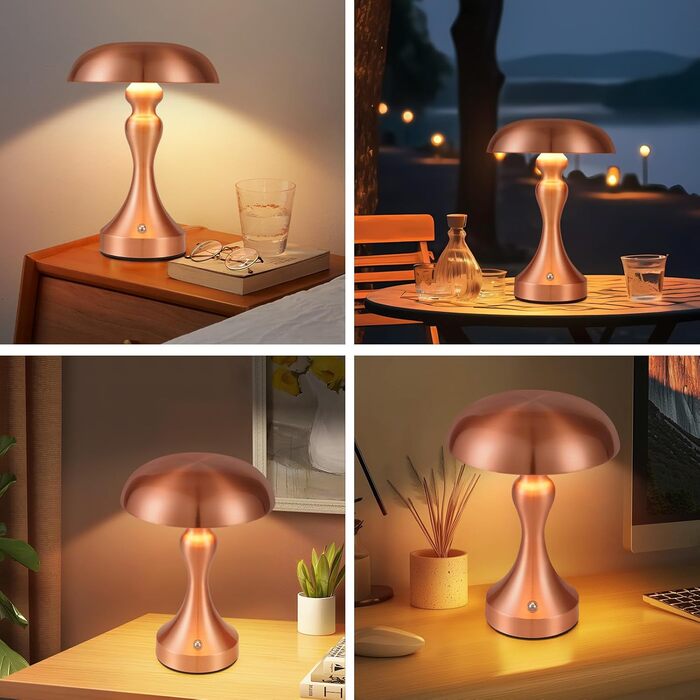 Бездротова настільна лампа з акумулятором - LED торшер з сенсорним керуванням, регулюванням яскравості, вінтажний дизайн, USB зарядка, нічник для спальні/вітальні (червоно-бронзовий)