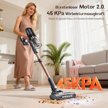 Бездротовий акумуляторний пилосос 45000Pa з антизаплутувальною щіткою, LED-дисплеєм та фільтрацією 99,9%, для прибирання шерсті тварин, килимів, твердих поверхонь та авто (сірий)