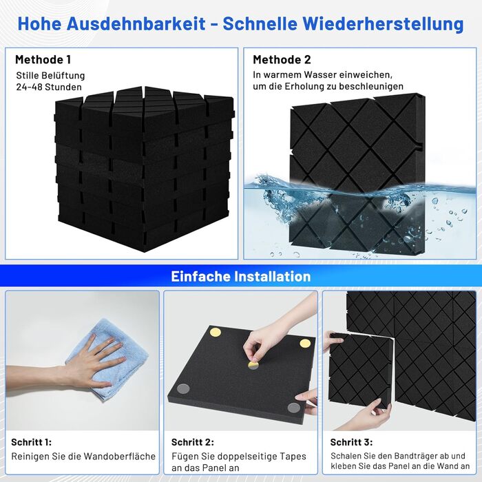Акустичний поролон для шумоізоляції, звукопоглинаючі панелі 7.5 x 30 x 30 см, самоклеючі шумоізоляційні плити (24 шт) + 150 двосторонніх клеячих подушок