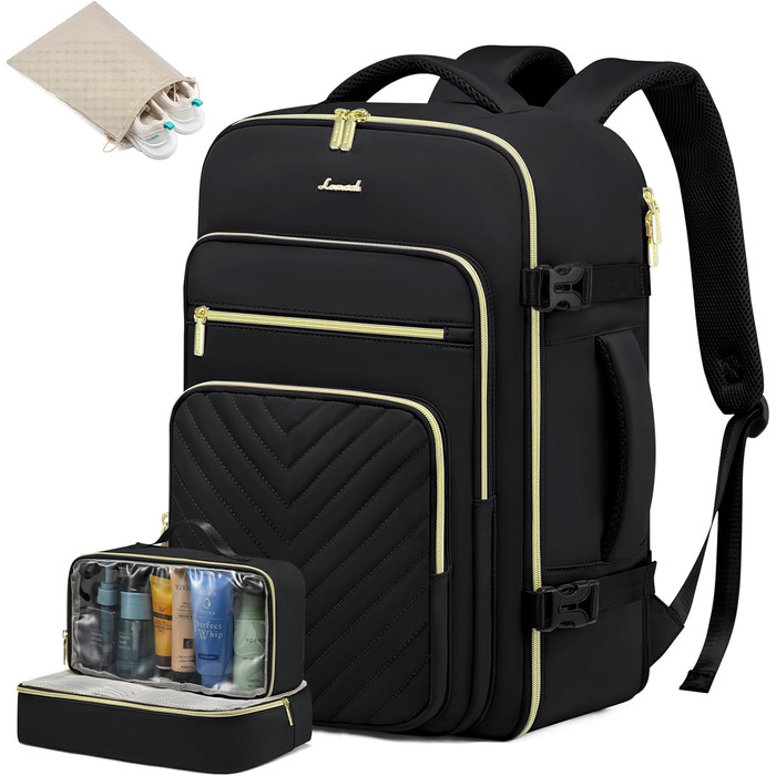 LOVEVOOK Рюкзак для ручної поклажі, 40L, водонепроникний, для ноутбука 17 дюймів, Easyjet, для подорожей, роботи, трекінгу, оливково-бежевий (18 дюймів, A-чорний)