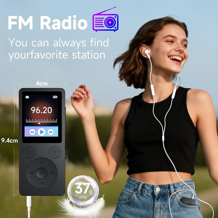 MP3 плеєр 32GB з Bluetooth 5.3 та динаміком, FM-радіо, диктофон, HiFi звук, фізичні кнопки керування, чорний