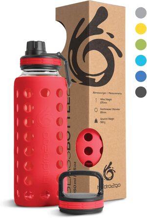 Скляна пляшка для води з силіконовим чохлом Urban Red 950 мл, 100% герметична, BPA-free, з двома кришками, для спорту, фітнесу, офісу, йоги, посудомийна машина