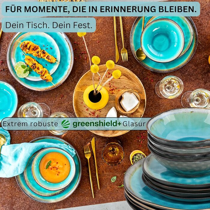 SÄNGER | Capri Tableware Service, 24-Piece Plate Set for 8 People, Stoneware Dinnerware Plates Set Dessert Plates Dinner Plates & Bowls, Handmade Plates, Turquoise Blue Dinner Service with Grey Rim, 24-Piece Tableware Set