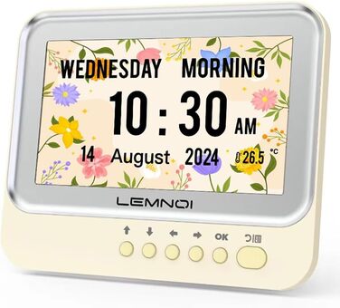 Lemnoi 7-Inch Digital Calendar, Senior Clock with Date and Day of the Week, Wall Clock for Dementia Patients with Temperature, 15 Alarms & Medication Reminder (white)