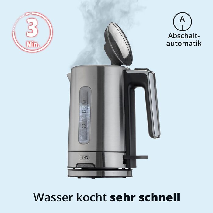 Набір для сніданку KHG: чайник та тостер, нержавіюча сталь, сріблястий, об'єм 1 л, 2 слоти, точний вилив, поворотний на 360°, 6 рівнів підсмажування, функції підігріву, розморожування та для багелів, піддон для крихт