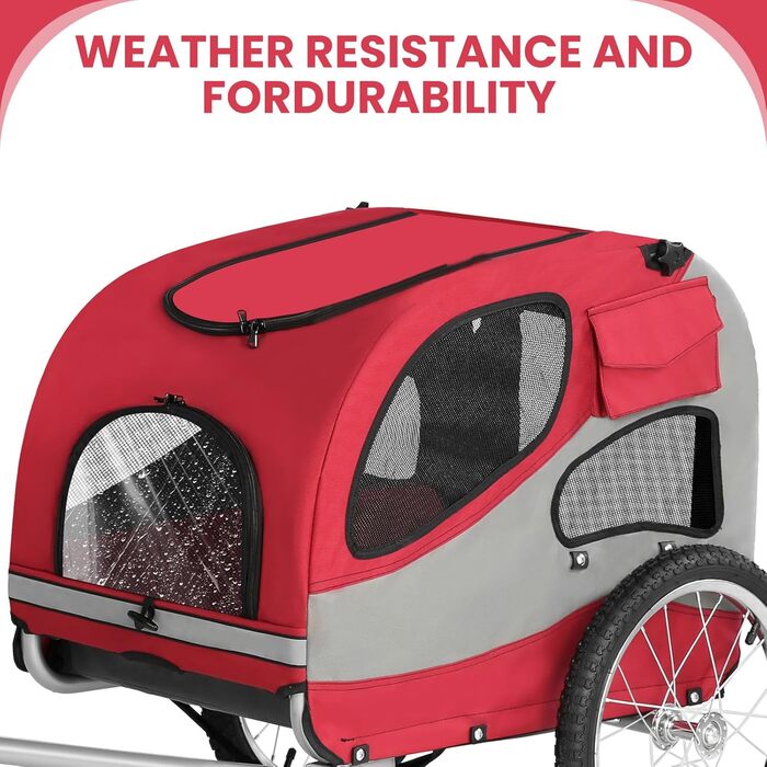 Причіп для велосипеда для собак, складаний, з відбивачами безпеки, сумкою для зберігання, м'яким внутрішнім простором та страхувальними повідками, для собак до 30 кг, червоний
