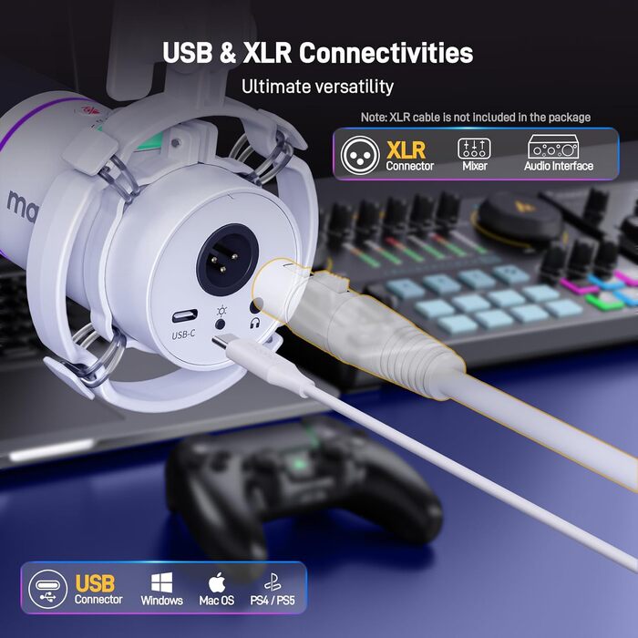 Мікрофон MAONO PD200XS XLR/USB з підсвічуванням RGB, комплект з кріпленням, програмним забезпеченням та регулятором гучності для запису, стрімінгу, геймінгу та Mac/PC