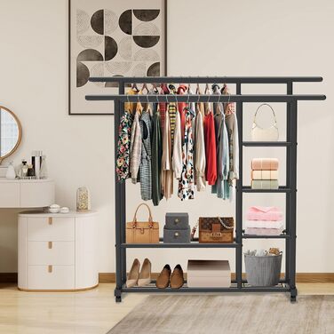 Металевий вішак для одягу GETCO TECH 150см з 6 полицями та 2 перекладинами, на коліщатах