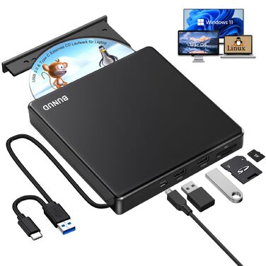 Зовнішній DVD-навігатор та CD-привід BUNUD для Windows 11, Mac, MacBook, PC: USB DVD-записувач та плеєр з картридером SD/TF та 2 USB-портами