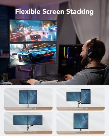 Кріплення для монітора HUANUO на 2 монітори, 13-32 дюйми, регульована висота, довгий важіль, VESA 75/100 мм, вантажопідйомність 2-9 кг, для геймінгу