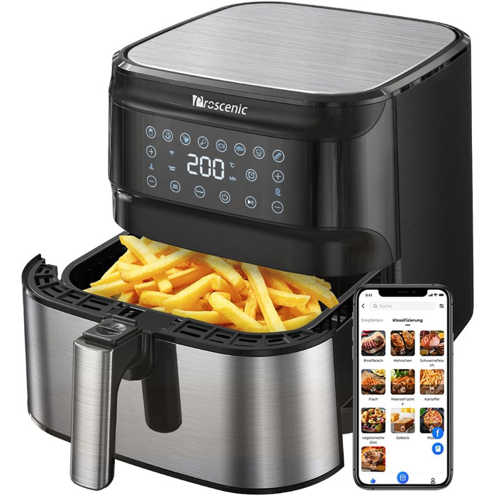 Аерофритюрниця Proscenic T21 5,5 л XXL з додатком та голосовим керуванням, 1700 Вт, цифровий LED-дисплей, функції попереднього нагріву, таймера та підтримки тепла, без олії, легке керування