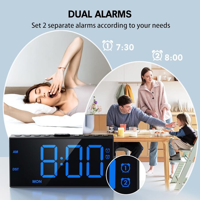 Loud Vibration Alarm Clock for Deep Sleepers, Dual Alarm with Weekend Mode, Large Digital Display, Dimmer, Battery Backup, USB Charger, Vibration Alarm Clock for Deaf/Hard of Hearing Digital Clock