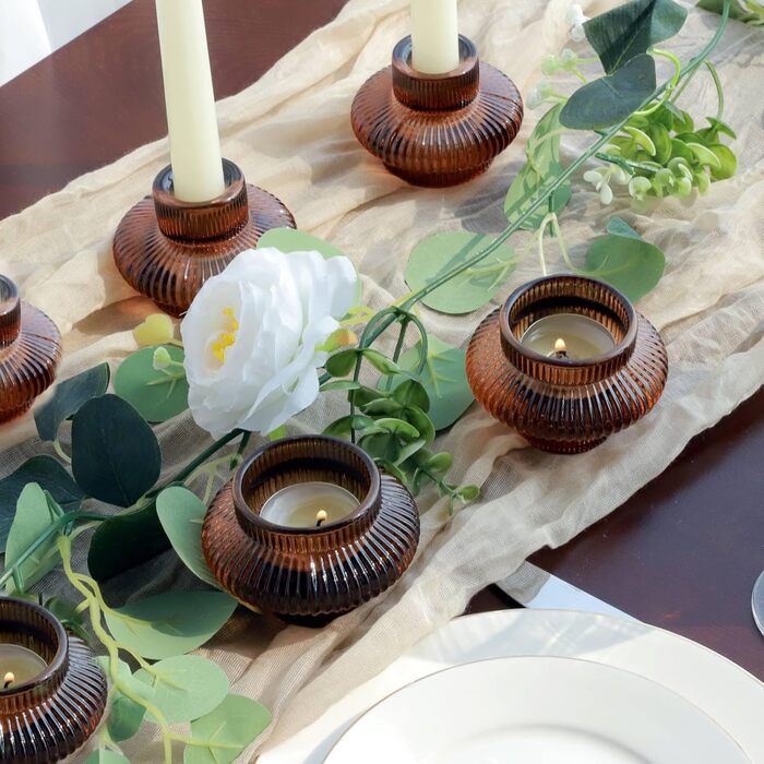 VOHO Candle Holders, Ribbed Glass, Stylish Boho Candle Holders, Stackable and Reversible, for Candle Stands and Votive Candles, e Candle Holders, Table Decor, Set of 18 (Brown)