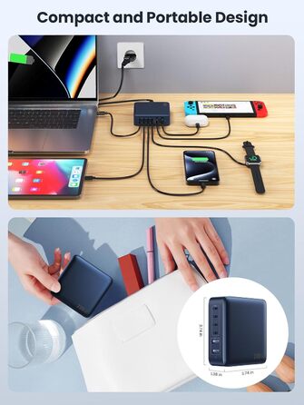 Мережевий зарядний пристрій USB-C на 200W з 6 портами GaN III Tech, PD+QC, з 4 USB-C та 2 USB-A, 65W для ноутбука, швидка зарядка для MacBook/iPad/iPhone 16/15/Samsung (блакитний)