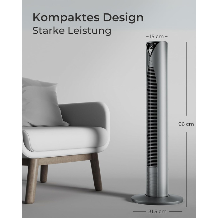 CoolHome CF2206 Турбовентилятор з пультом керування - тихий підлоговий вентилятор з таймером, 96 см, срібний