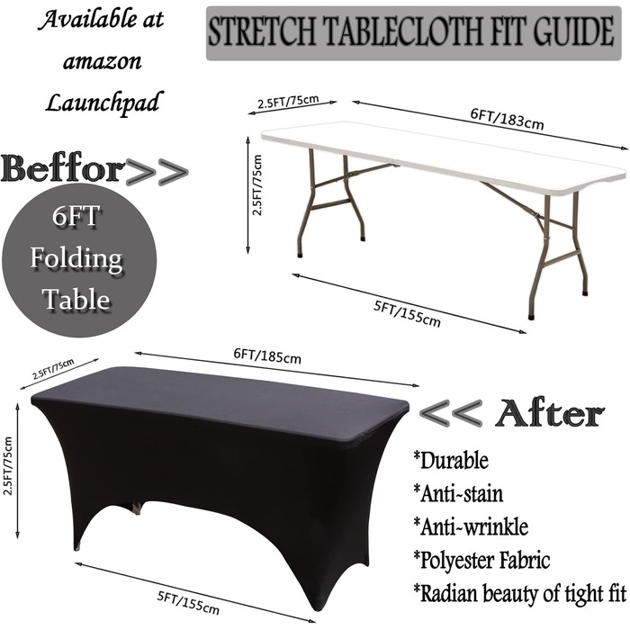 2 Pieces 1.8 m Spandex Fitted Tablecloth, Stretch Spandex Elastic Table Cover, Washable Rectangular Spandex Close-Fitting Tablecloth - Black for Banquet, Wedding, Event, Cocktail (black)