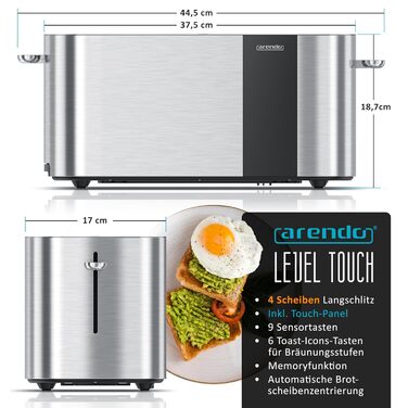 Тостер Arendo з нержавіючої сталі, 4 слоти, сенсорний екран, подвійні стінки, 1500 Вт, підставка для булочок, 6 ступенів підсмажування, центрування хліба, таймер, пам'ять, колір: сталевий