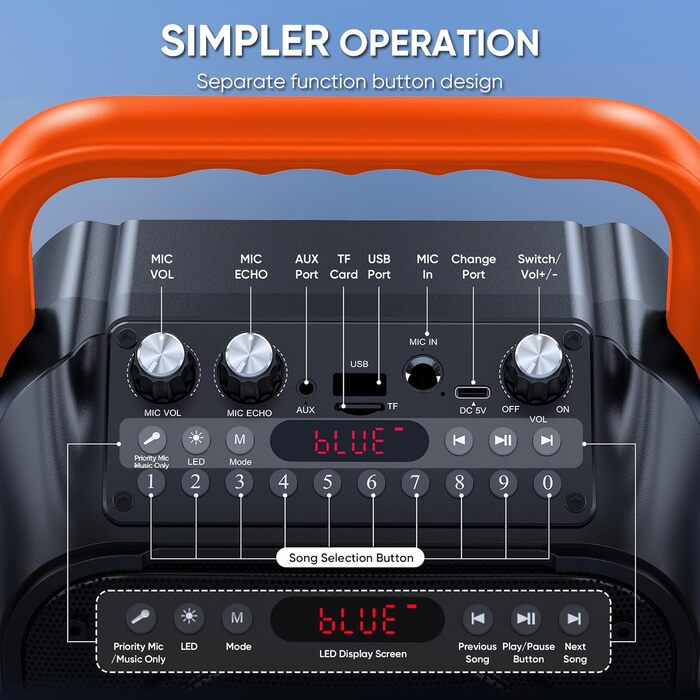 Wowstar Караоке Машина з 2 Бездротовими Мікрофонами, Портативна Bluetooth Колонка з Світловим Ефектом, Підтримка TF/USB, FM, Запис, AUX, TWS для Вечірок, Днів Народження (Помаранчевий)