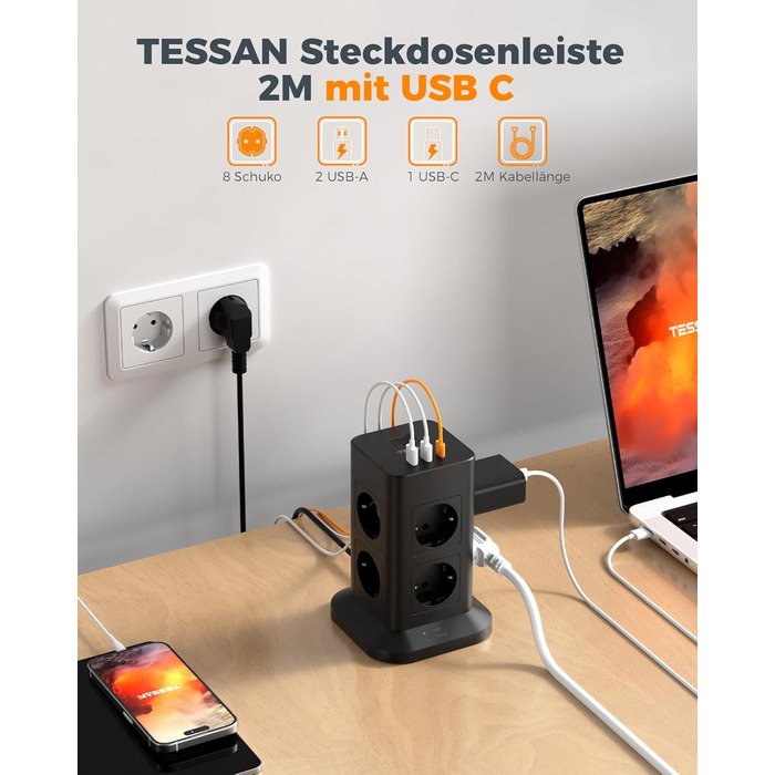 Блок розеток TESSAN з захистом від перенапруги 3600W 16A, 8 розеток, USB-C, подовжувач 2м, сірий