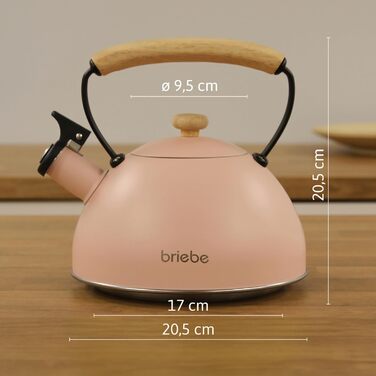 Чайник Induktion Retro 2.3L з нержавіючої сталі, чайник-свисток, чайник для чаю/кави, Vintage Design, для всіх типів плит (газ, електро, склокераміка), з дерев'яною ручкою Cool-Touch, Рожевий