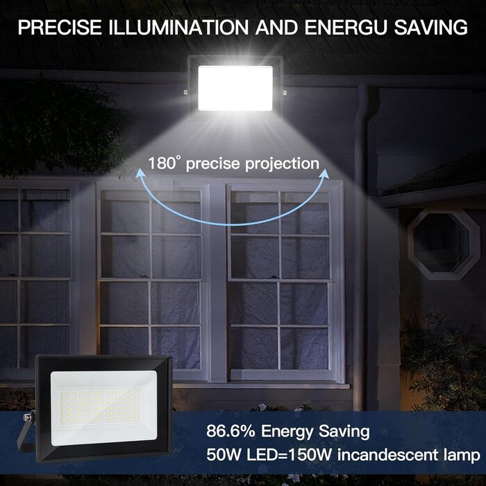 LED Floodlight 50W, Outdoor 5000LM, Spotlight 72 LED IP65 Waterproof, Outdoor Floodlight 6500K Cold White, 230V for Garage, Garden 【2 Pieces Black】 (6500k Cold White, GJ50W [2 Pieces Black])