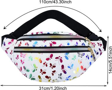 Металева поясна сумка AYNKH з регульованим ремінцем, три відділення, водонепроникна фанна-пак для відпочинку, спорту, подорожей (Білий метелик)