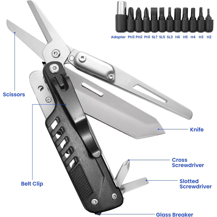 HONZIN Multitool 5-in-1 Multifunctional Pocket Knife, Folding Knife Scissors, Detachable Stainless Steel Geometric Knife for Outdoor Use, with Drawstring Pouch (Extra 11 Screwdriver Inserts)