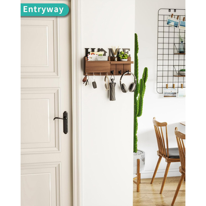 Держатель для ключів HapiRm з декором HOME, дерев'яне ключниця з 7 гачками, з полицею. Підходить для входу, передпокою, спальні, офісу, коричневий