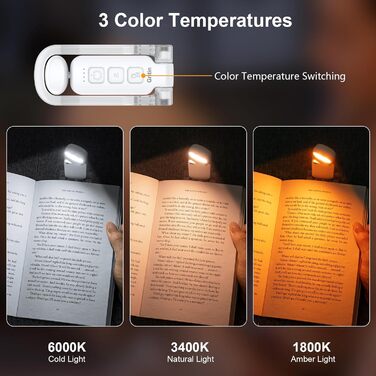 LED Кліпса для читання Gritin: USB-зарядка, 3 режими кольору, 5 рівнів яскравості, захист очей, біле світло