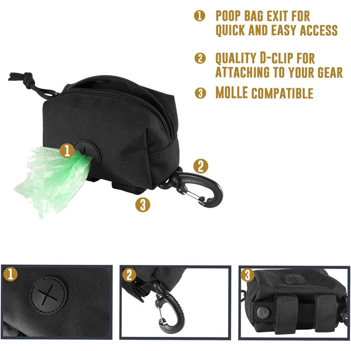 Диспенсер для собачих пакетів OneTigris для прогулянок, з MOLLE-системою та карабіном, тактичний, чорний, маленький