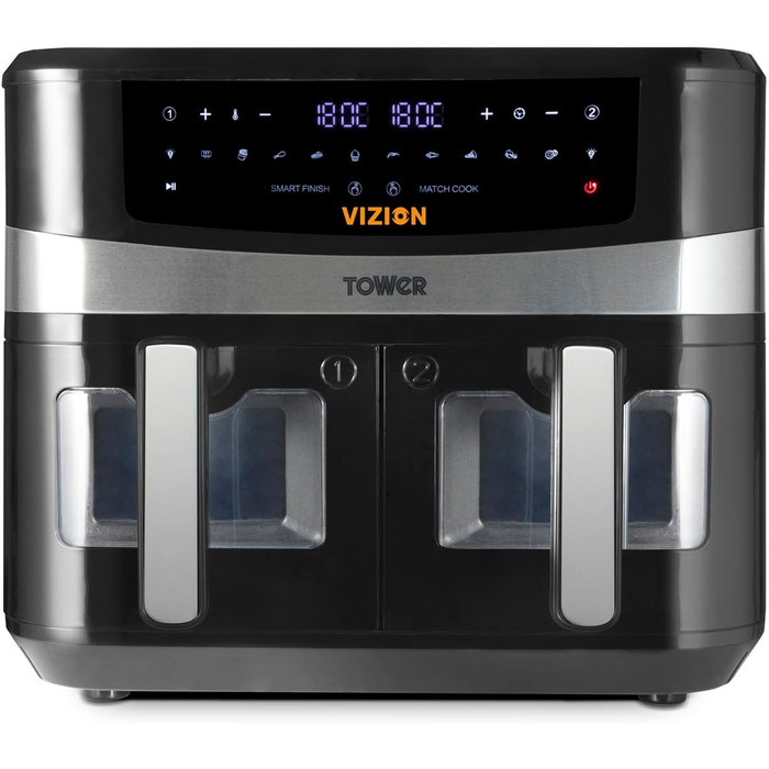 Фритюрниця Tower T17100 Vortx Vizion 9 л з двома кошиками, цифровим управлінням і 10 автоматичними програмами, чорна, аерофритюрниця з подвійним кошиком