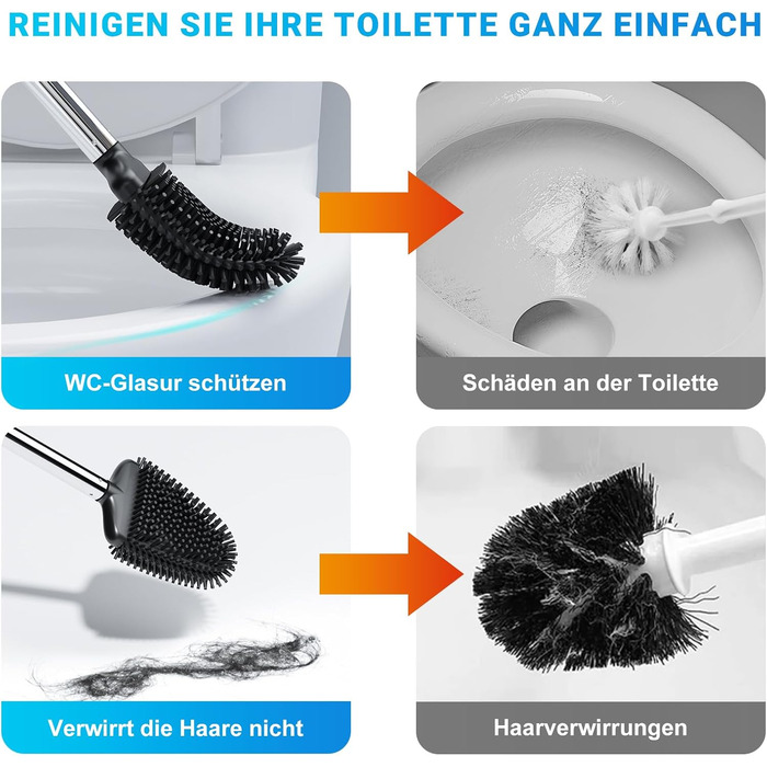 Набір щіток для унітазу Fowooyeen: 2 шт., чорний, без свердління, з тримачем, силікон, плоска головка у формі серця