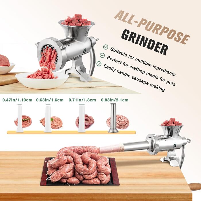 М'ясорубка ручна Huanyu з нержавіючої сталі, насадка для ковбас та печива, миється в посудомийній машині (№8)