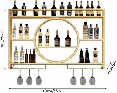 Металева вітрина для вина на стіну, кругла, 140x15x80 см, золото. Підійде для бару, ресторану, дому. Багатофункціональна полиця для зберігання.