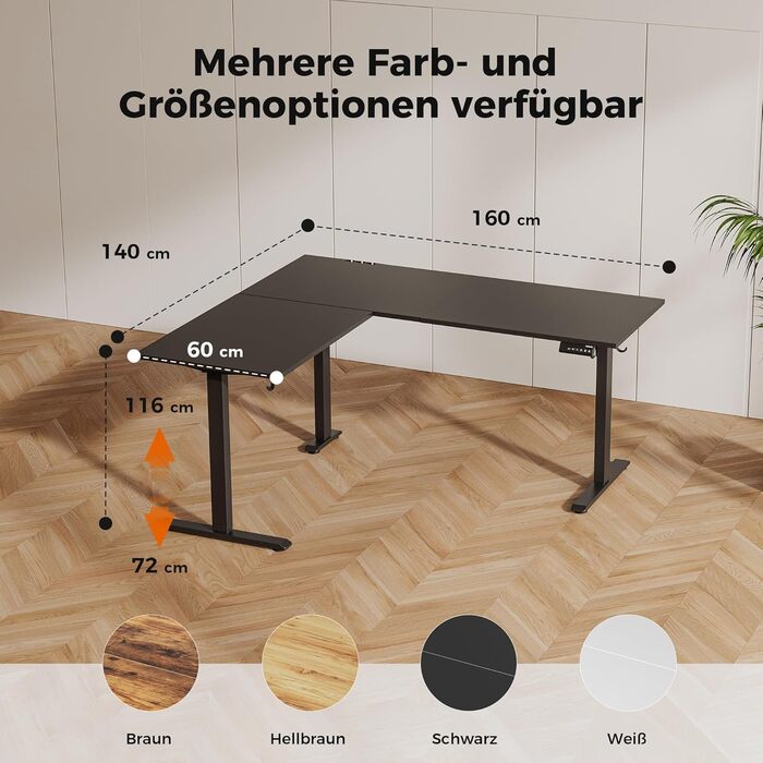 Електричний кутовий стіл Agilestic з регулюванням висоти 160 x 140 см, чорний. Ергономічний стіл для роботи та навчання, комп'ютерний стіл з регулюванням висоти.