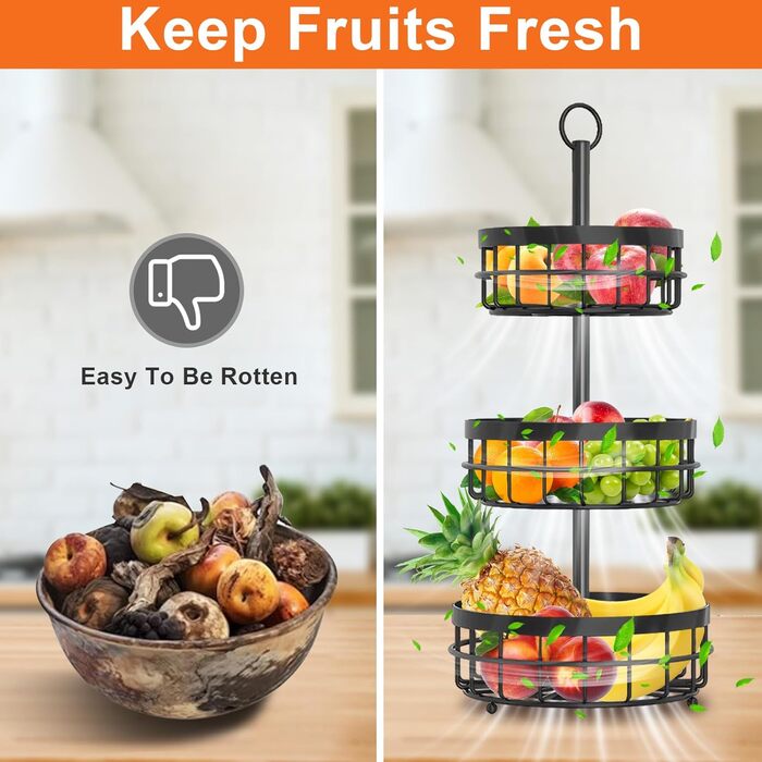 Металева фруктова етажерка Yiomxhi 3 ящики, чорна – для зберігання фруктів, овочів, хліба та закусок